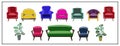 A set of beautiful fashionable bright red, scarlet, pink, yellow, green, blue velvet armchairs and sofa. Flowers, plants in pots.